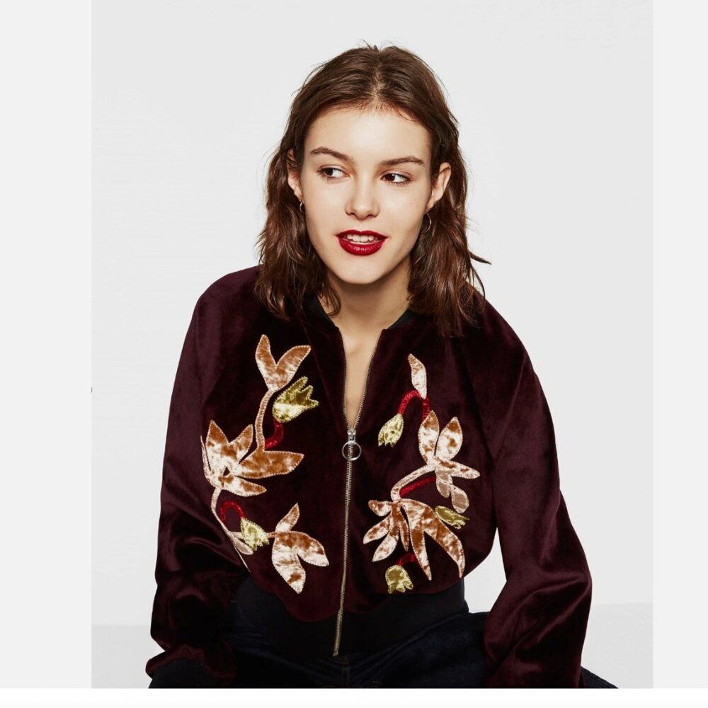 ZARA Purple Burgundy Embroidered Velvet Bomber Jacket, Shimmer Collar, Small - Picture 4 of 10